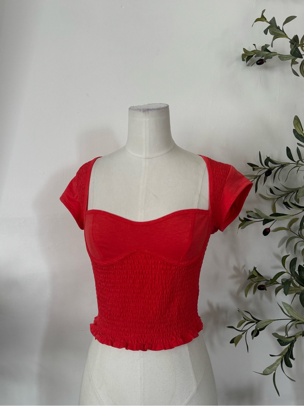 Free People Red Smocked Crop Top Size S Square Neck Open Back Short Sleeve